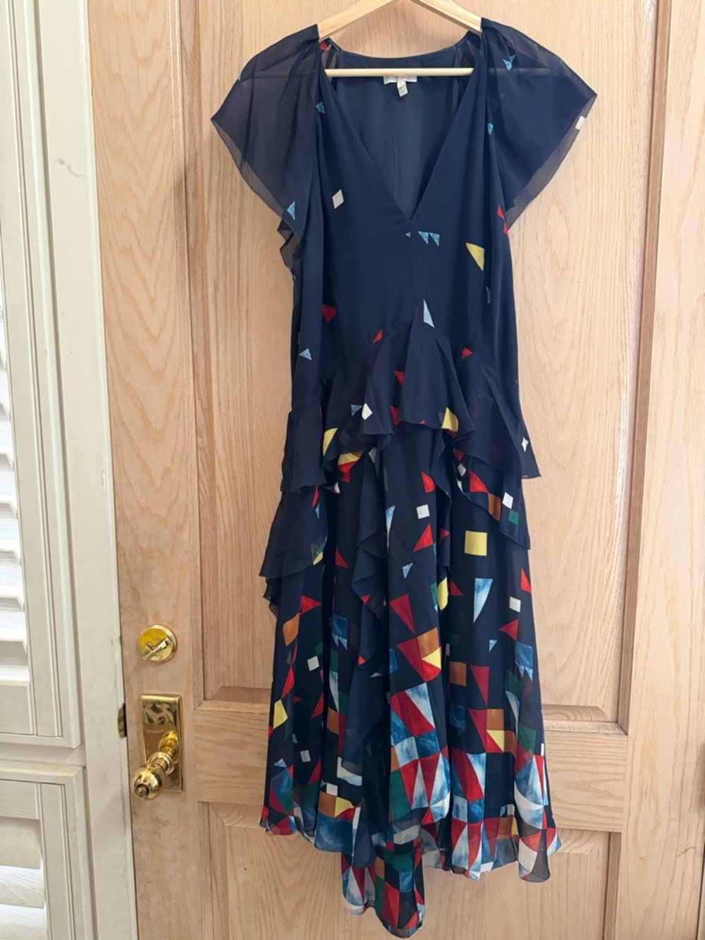 Joie Navy Geometric Tiered Chiffon High-Low Dress